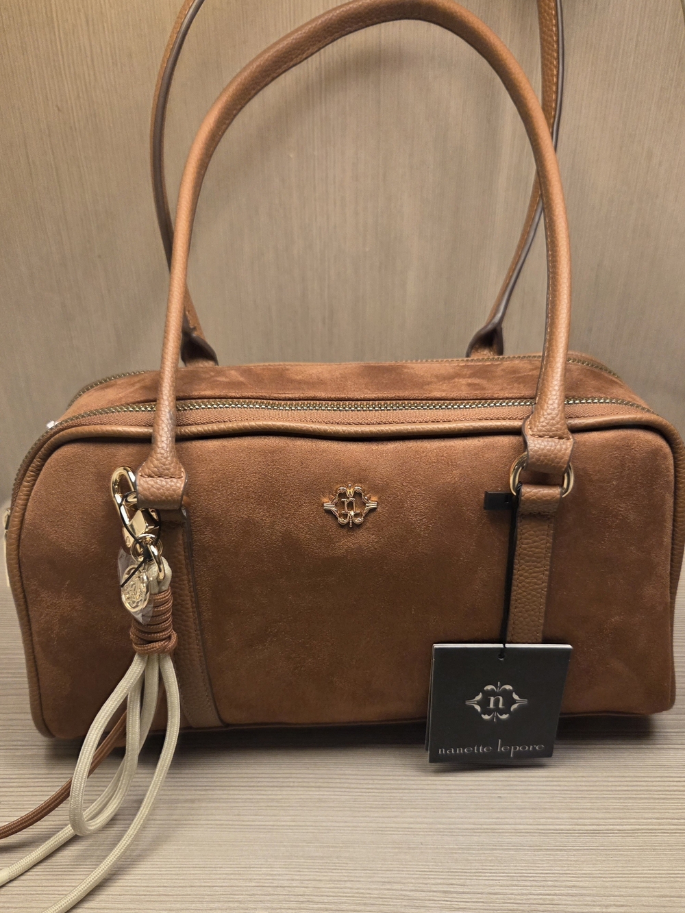 Nanette Lepore Hanzelnut Suede Shoulder Bag with Leather Trim